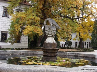 Kamenná barokní kašna z roku 1712 na velkém nádvoří. Je zde použit motiv ze schwarzenberského znaku: hlava Turka, jemuž havran vyklovává oči.