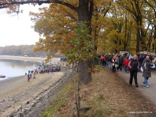 Rybník Dvořiště při výlovu 2009. Rušno bylo po celou dobu výlovu pod hrází i na hrázi.