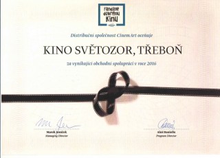 Kino Světozor Třeboň má certifikát DOBRÉHO KINO 